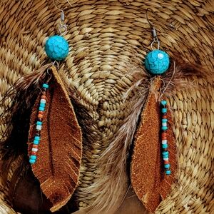 Hand Crafted Turquoise and Brown Feather Earrings